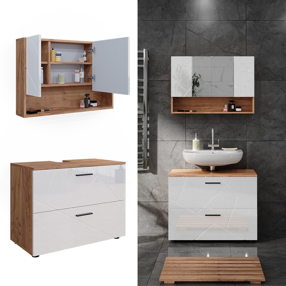 Vicco Badm&ouml;belset Irma Eiche Wei&szlig; Hochglanz modern 80 cm Badezimmerschrank Badschrank Badezimmerm&ouml;bel Waschtischunterschrank Spiegelschrank Schrankt&uuml;r Schrankfach Schrankschublade 