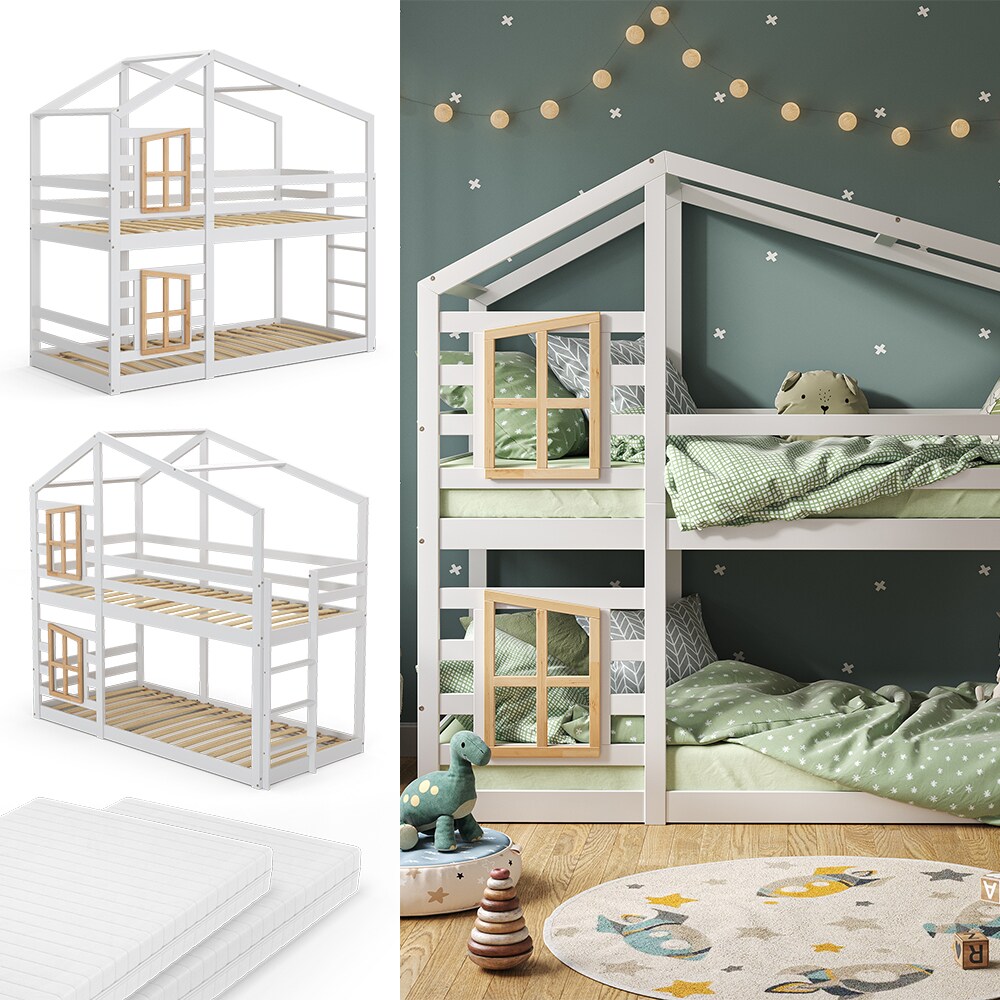 Vitalispa Doppelstockbett Maja 200 x 90 cm Wei&szlig; mit Leiter, Etagenbett, 2 Kinder, Matratze 