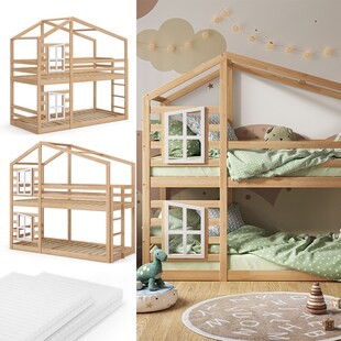 Vitalispa Doppelstockbett Maja 200 x 90 cm Natur mit Leiter, Etagenbett, 2 Kinder, Matratze 