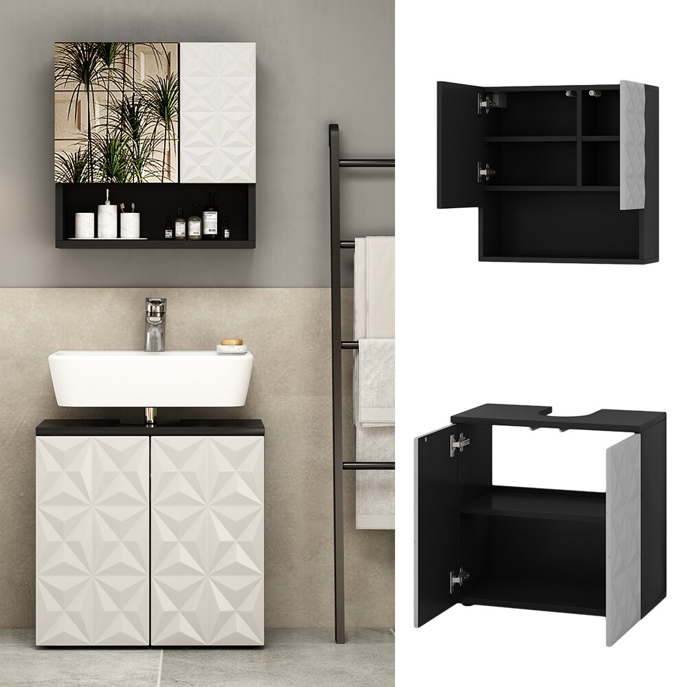 Vicco Badm&ouml;bel-Set Badezimmer-M&ouml;bel Bad-Schrank Edge Schwarz Wei&szlig; modern Badezimmerschrank Waschbeckenunterschrank Spiegelschrank Badezimmerkommode 