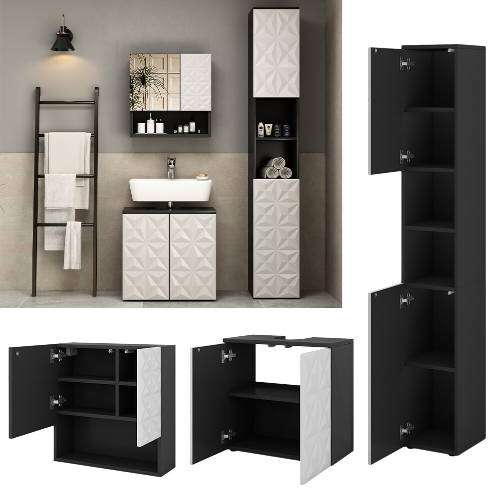 Vicco Badm&ouml;bel-Set Badezimmer-M&ouml;bel Bad-Schrank Edge Schwarz Wei&szlig; modern Badezimmerschrank Waschbeckenunterschrank Spiegelschrank Hochschrank Badezimmerkommode 