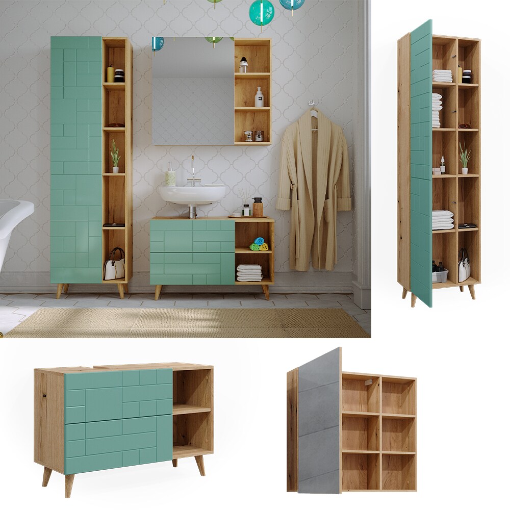 Vicco Badm&ouml;bel-Set Rudi in Eiche Evoke Mintgr&uuml;n, Badezimmer, moderne Badserie Waschbeckenunterschrank Spiegelschrank Hochschrank 