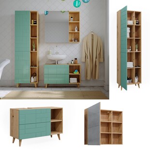 Vicco Badmöbel-Set Rudi in Eiche Evoke Mintgrün, Badezimmer, moderne Badserie Waschbeckenunterschrank Spiegelschrank Hochschrank 
