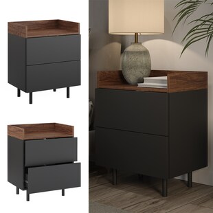 Vicco Nachttisch Anika, 54 x 68 cm, Anthrazit Walnussbraun mit 2 Schubfächer 