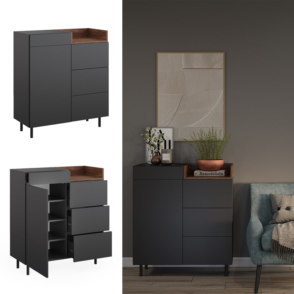 Vicco Kommode Anika, 89 x 100 cm, Anthrazit Walnussbraun mit T&uuml;r, 4 Schubf&auml;cher 