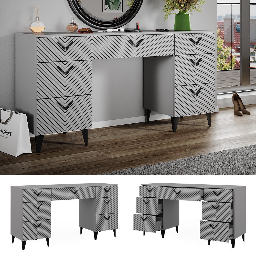 Vicco Schminktisch Anett Grau, 150 x 78 cm, Frisiertisch, 7 Schubladen, Siebdruck 