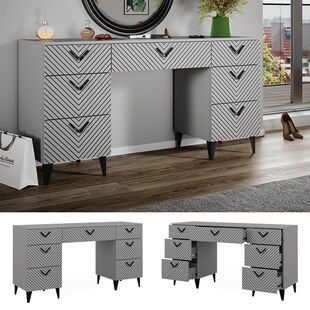 Vicco Schminktisch Anett Grau, 150 x 78 cm, Frisiertisch, 7 Schubladen, Siebdruck 