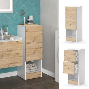 Vicco Midischrank Alf 35 x 92 cm, Weiß Artisan Eiche, Badezimmer, 2 Schubladen 