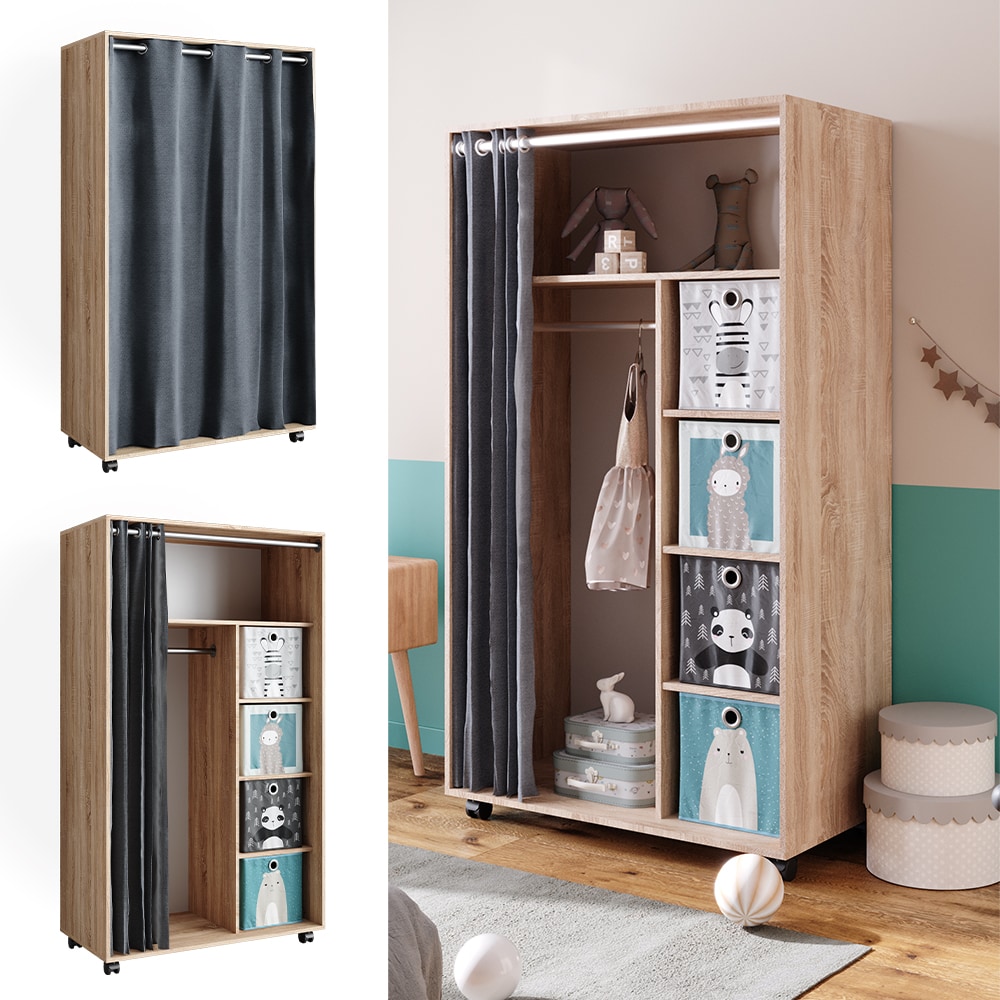 Vicco mobiler Kinderkleiderschrank Dielenschrank Garderobe Doros Sonoma modern 100 x 168 cm Faltboxen offen rollbar 