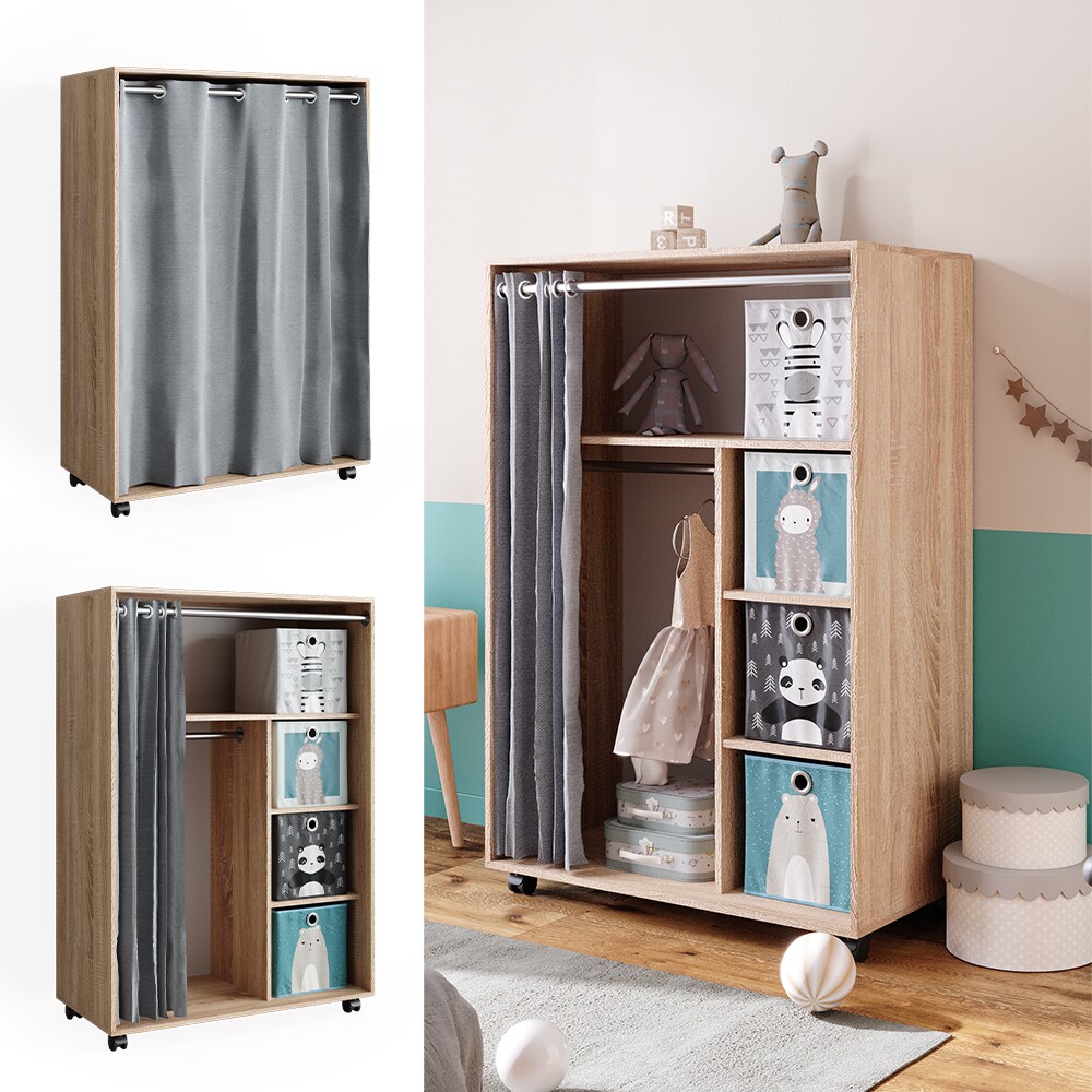 Vicco mobiler Kinderkleiderschrank Dielenschrank Garderobe Doros Sonoma modern 100 x 147 cm Faltboxen offen rollbar 