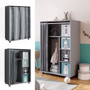 Vicco mobiler Kinderkleiderschrank Dielenschrank Garderobe Doros Grau modern 100 x 147 cm Faltboxen offen rollbar 