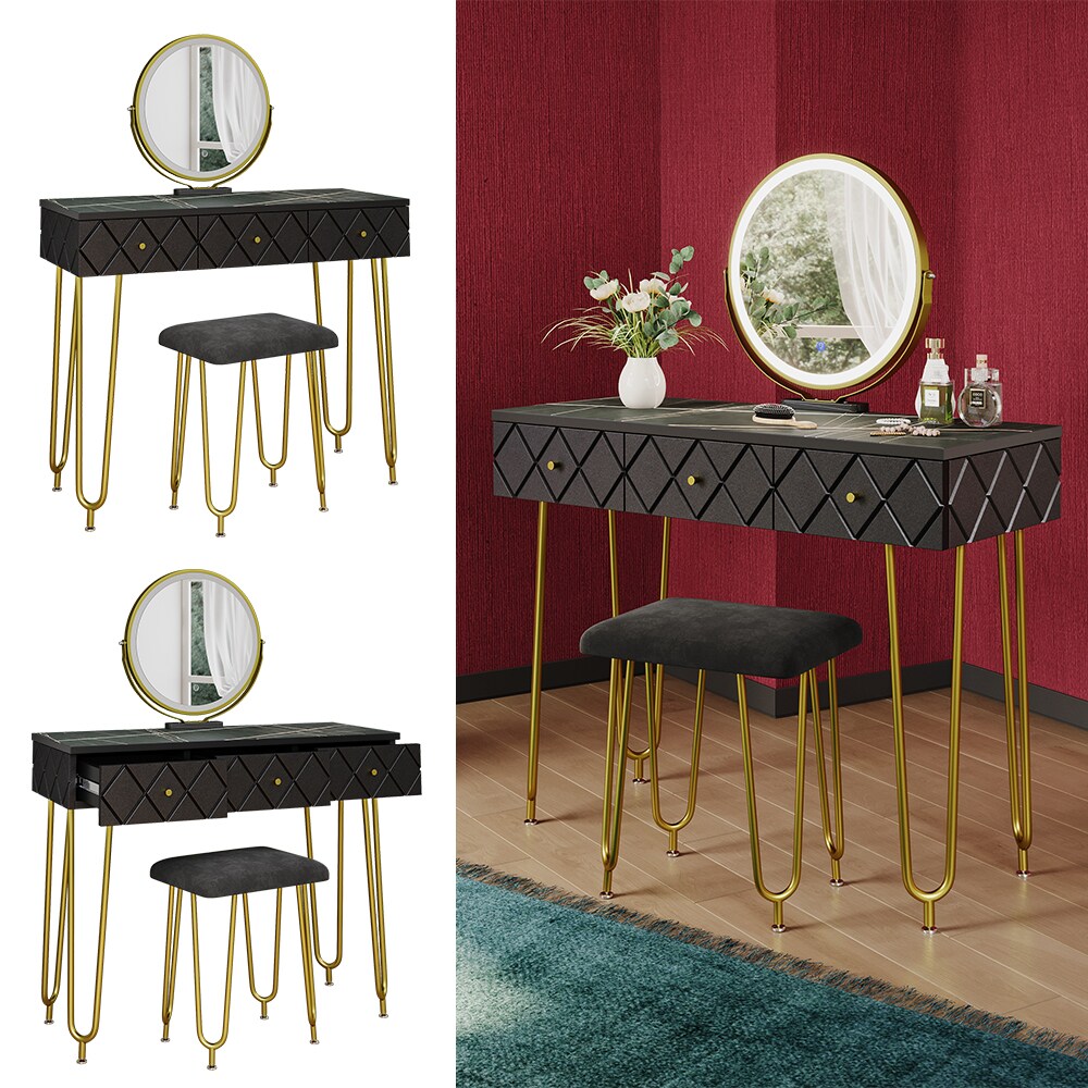 Vicco Schminktisch Mirabell, 100 x 40 cm, Marmor Schwarz, mit LED-Spiegel 