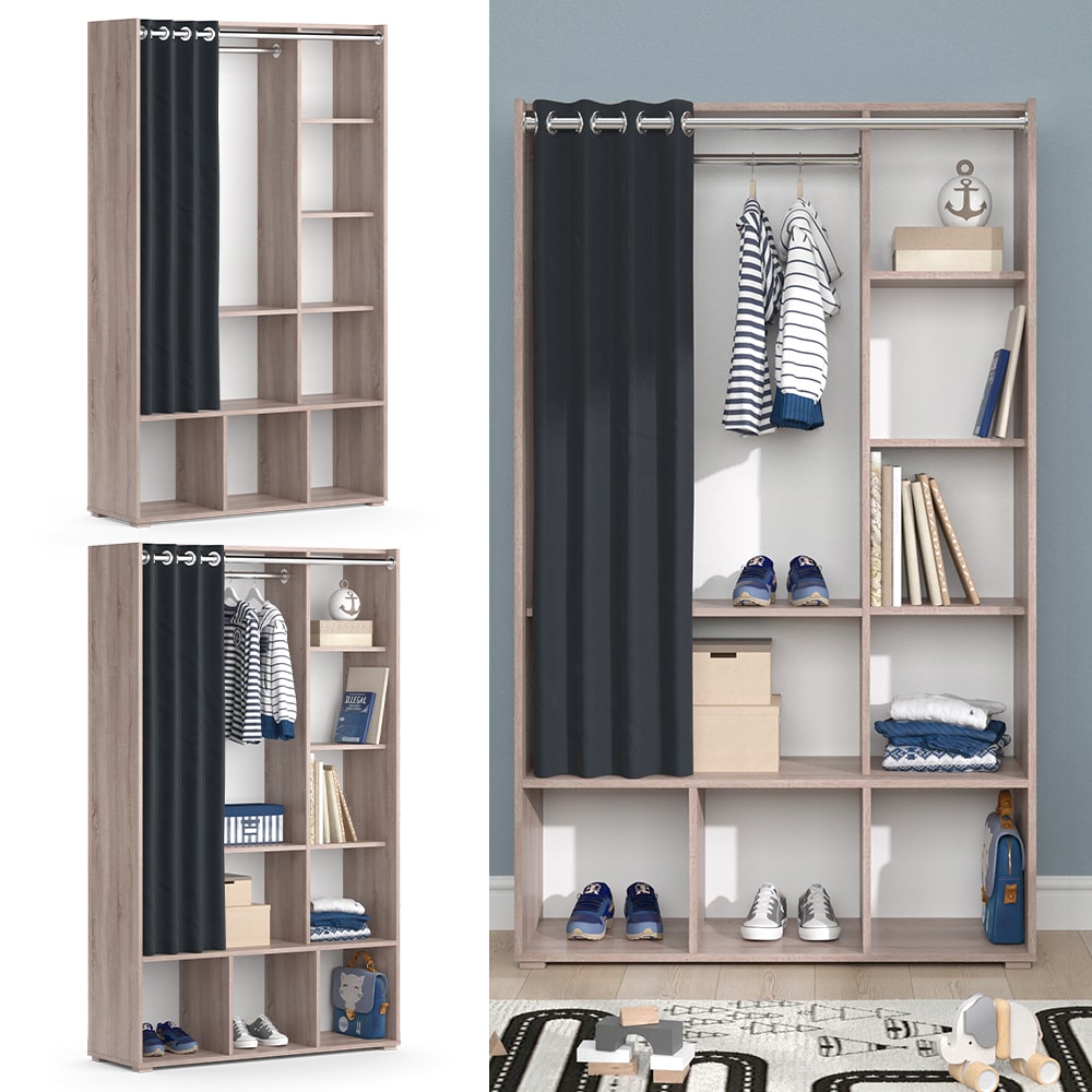 Vicco Kinderkleiderschrank Kinderzimmerschrank Kindergarderobe Luigi Sonoma 106 x 178 cm modern Schrankregal Jugendzimmerschrank Organizer Vorhang Kleiderstange F&auml;cher Aufbewahrung Spielzeugablage 