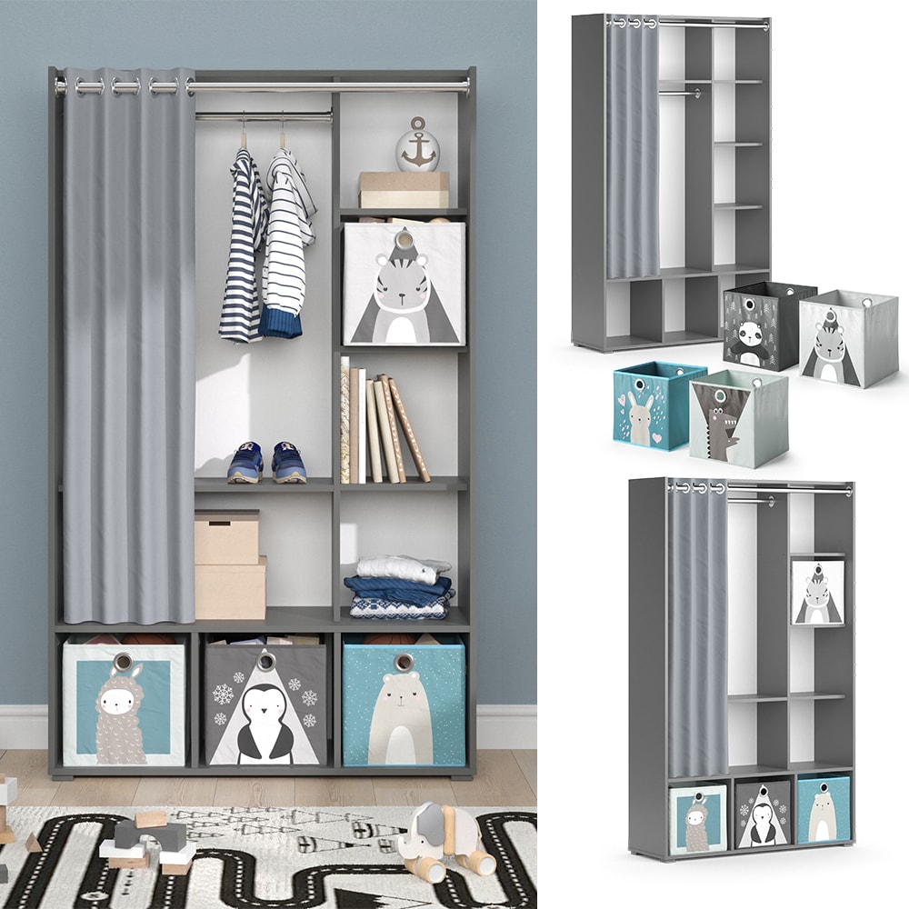 Vicco Kinderkleiderschrank Kinderzimmerschrank Kindergarderobe Luigi Grau Faltbox 106 x 178 cm modern Schrankregal Jugendzimmerschrank Organizer Vorhang Kleiderstange F&auml;cher Aufbewahrung Spielzeugablage 