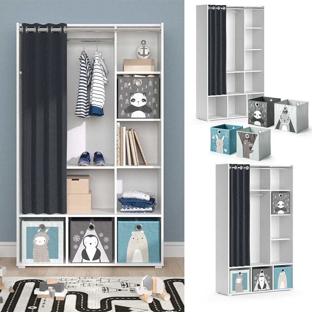 Vicco Kinderkleiderschrank Kinderzimmerschrank Kindergarderobe Luigi Wei&szlig; Faltbox 106 x 178 cm modern Schrankregal Jugendzimmerschrank Organizer Vorhang Kleiderstange F&auml;cher Aufbewahrung Spielzeugablage 