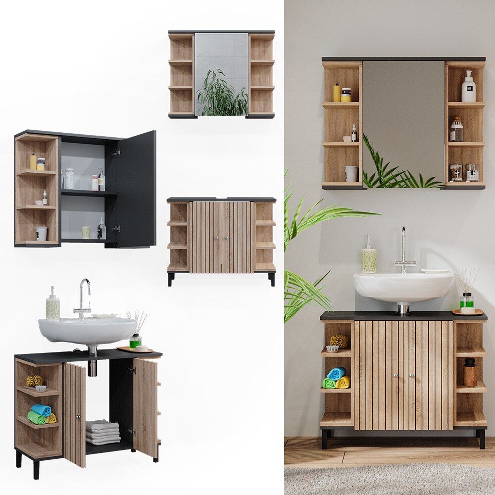 Vicco Badm&ouml;bel-Set Aquis, Sonoma Anthrazit, Badezimmer, moderne Badserie, Waschtischunterschrank, Spiegelschrank 