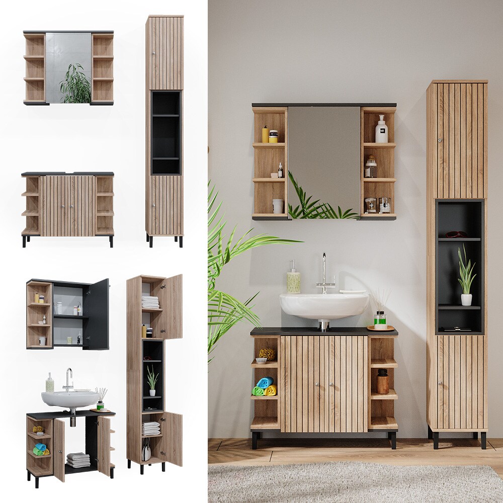 Vicco Badm&ouml;bel-Set Aquis, Sonoma Anthrazit, Badezimmer, moderne Badserie, Waschtischunterschrank, Spiegelschrank, Hochschrank 