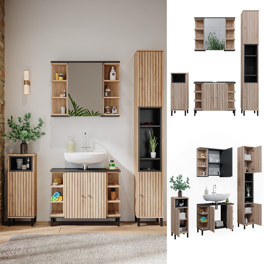 Vicco Badm&ouml;bel-Set Aquis, Sonoma Anthrazit, Badezimmer, moderne Badserie, Waschtischunterschrank, Spiegelschrank, Midischrank, Hochschrank 