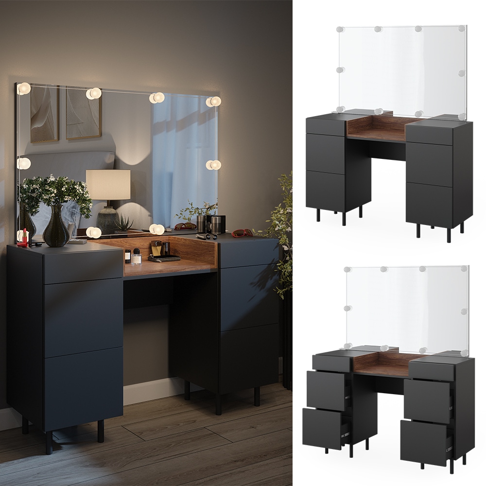 Vicco Schminktisch Anika mit Spiegel, LED-Lampen, 120 x 80 cm, Anthrazit Walnussbraun Schlafzimmer 