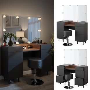Vicco Schminktisch Anika 120 x 80 cm mit Spiegel, LED-Lampen und Hocker, Anthrazit Walnussbraun, Schlafzimmer 