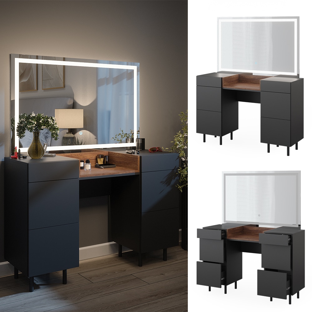 Vicco Schminktisch Anika 120 x 80 cm mit LED-Spiegel, Anthrazit-Walnussbraun, Schlafzimmer 