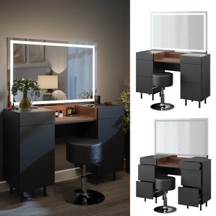 Vicco Schminktisch Anika 120 x 80 cm mit LED-Spiegel & Hocker, Anthrazit Walnussbraun, 6 Schubladen, Schlafzimmer 