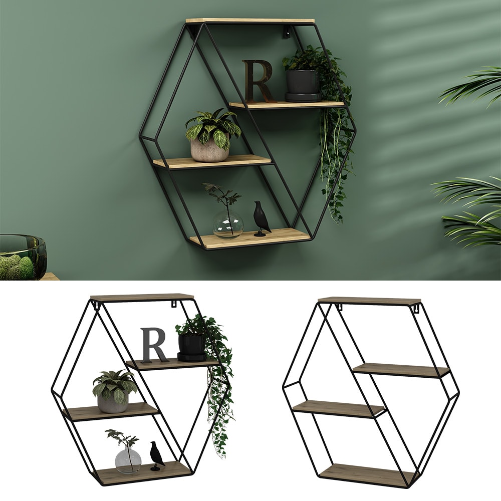 Vicco Wandregal Fyrk, hexagon, 51 x 52 cm, Eiche Schwarz, Metall, H&auml;ngeregal, Industrial 