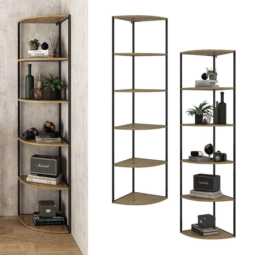 Vicco Eckregal Fyrk, 40 x 180 cm, Eiche Schwarz, 5 Ebenen, Wandregal, Industrial 