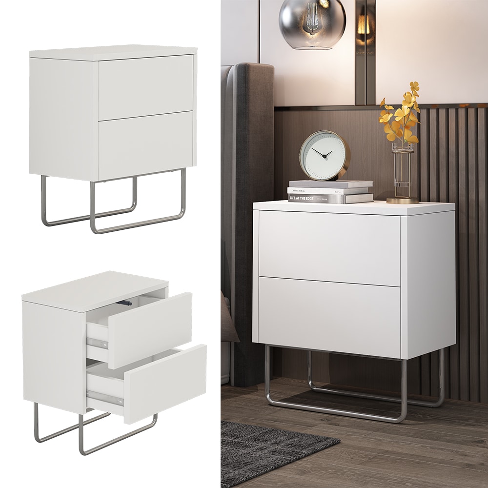 Vicco Nachtschrank Calvin, Wei&szlig; 45 x 50 cm, moderner Nachttisch mit 2 Schubladen, Nachtkommode 