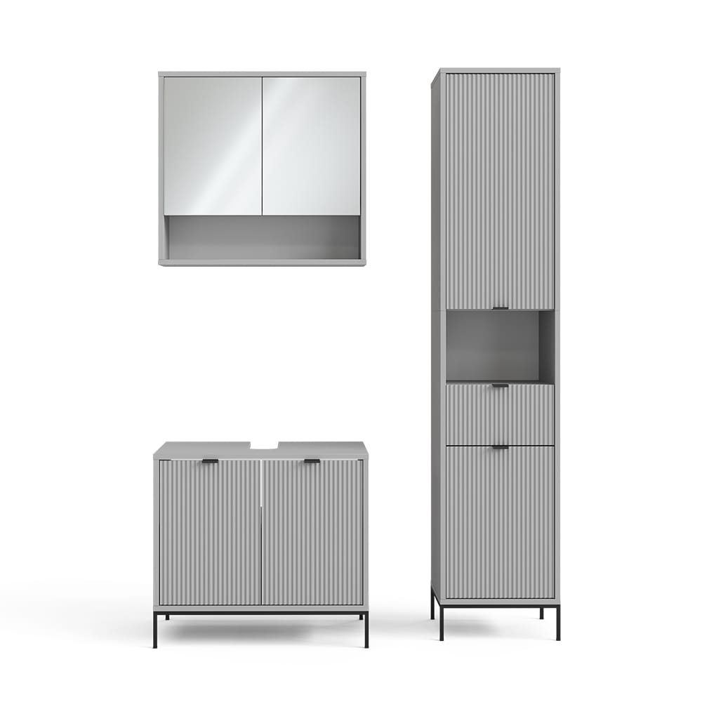 Vicco Badmöbel-Set Eliza, Grau, Badezimmer, moderne Badserie, extravagante Fronten, Waschtischunterschrank, Spiegelschrank, Hochschrank