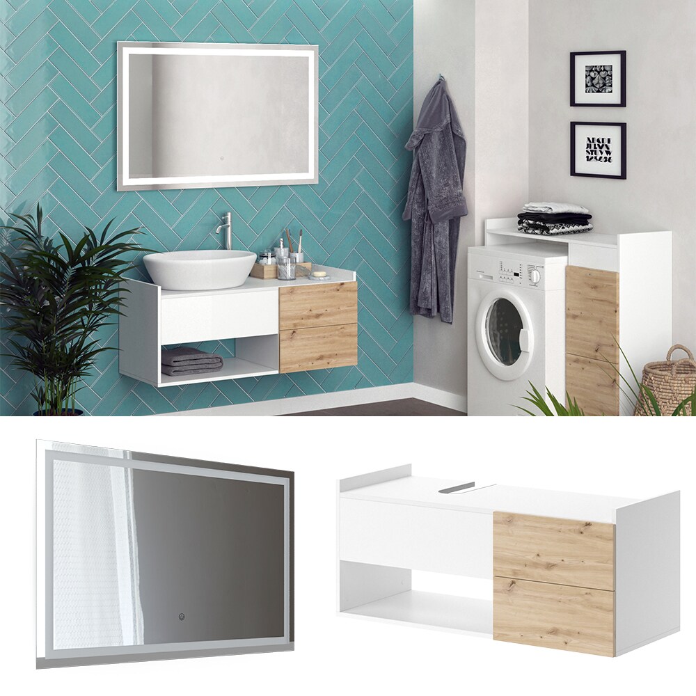 Vicco Badm&ouml;bel-Set Alf, Wei&szlig; Artisan Eiche, Badezimmer, moderne Badserie, Waschtischunterschrank, LED-Spiegel 