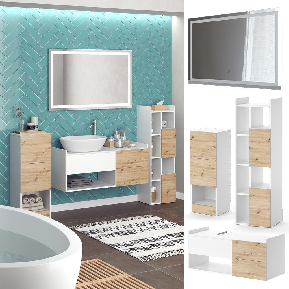 Vicco Badm&ouml;bel-Set Alf, Wei&szlig; Artisan Eiche, Badezimmer, moderne Badserie, Waschtischunterschrank, LED-Spiegel, Midischrank, Hochschrank 