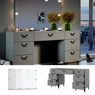 Vicco Schminktisch Anett Grau mit Spiegel und LED-Lampen, 150 x 78 cm, 7 Schubladen 
