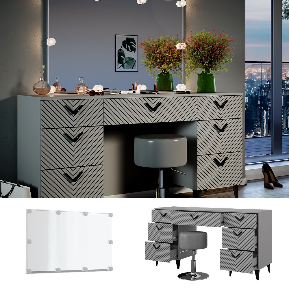Vicco Schminktisch Anett Grau mit Spiegel, Hocker und LED-Lampen, 150 x 78 cm 