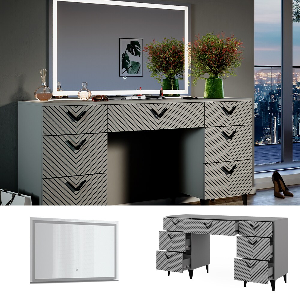 Vicco Schminktisch Anett Grau mit LED-Spiegel, 150 x 78 cm, 7 Schubladen 