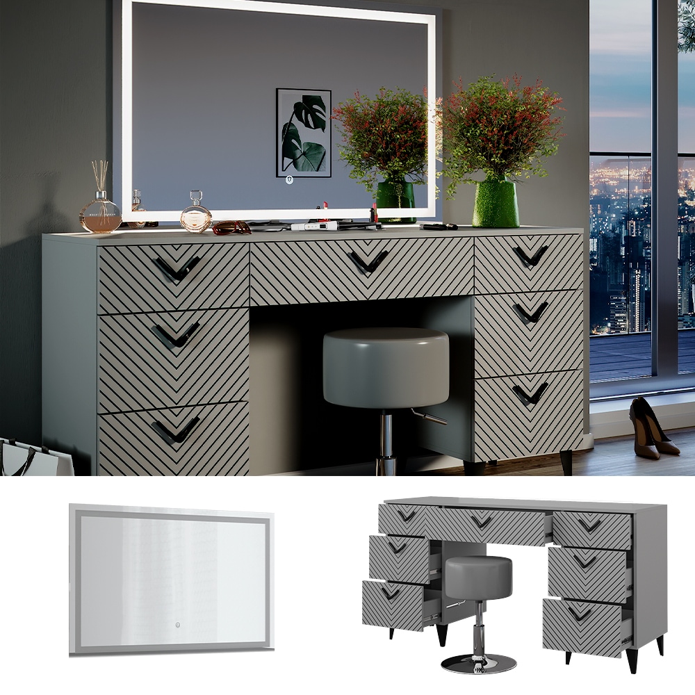 Vicco Schminktisch Anett Grau mit LED-Spiegel, Hocker, 150 x 78 cm, 7 Schubladen 