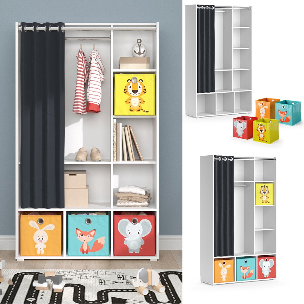 Vicco Kinderkleiderschrank Kinderzimmerschrank Kindergarderobe Luigi Wei&szlig; Faltbox 106 x 178 cm modern Schrankregal Jugendzimmerschrank Organizer Vorhang Kleiderstange F&auml;cher Aufbewahrung Spielzeugablage 