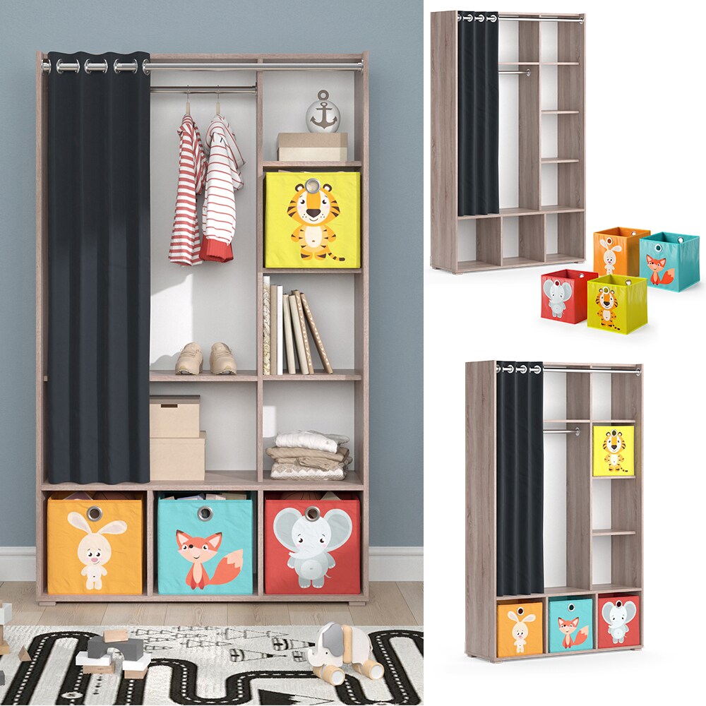 Vicco Kinderkleiderschrank Kinderzimmerschrank Kindergarderobe Luigi Sonoma Faltbox 106 x 178 cm modern Schrankregal Jugendzimmerschrank Organizer Vorhang Kleiderstange F&auml;cher Aufbewahrung Spielzeugablage 