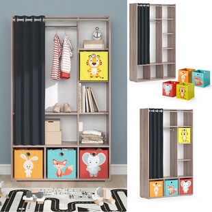 Vicco Kinderkleiderschrank Kinderzimmerschrank Kindergarderobe Luigi Sonoma Faltbox 106 x 178 cm modern Schrankregal Jugendzimmerschrank Organizer Vorhang Kleiderstange Fächer Aufbewahrung Spielzeugablage 