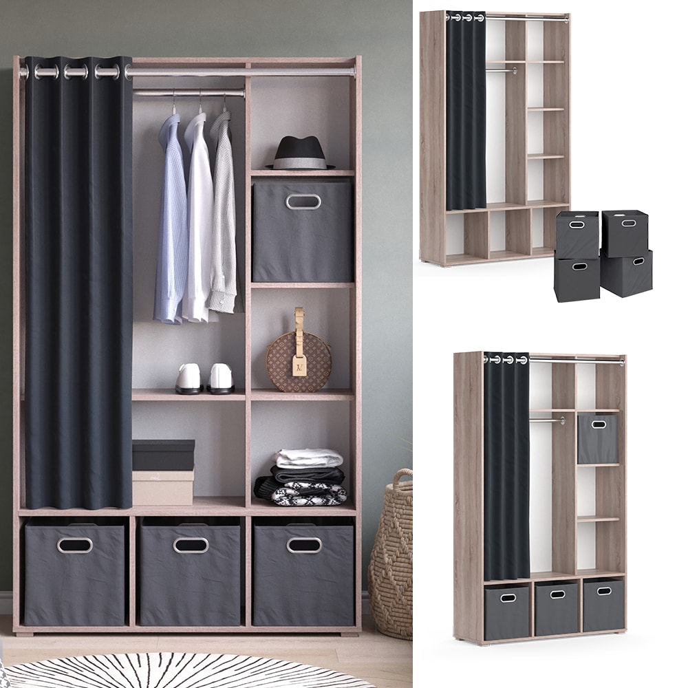 Vicco Kleiderschrank Schlafzimmerschrank Garderobe Luigi Sonoma Faltbox 106 x 178 cm modern Schrankregal Organizer Vorhang Kleiderstange F&auml;cher Aufbewahrung Ablage 