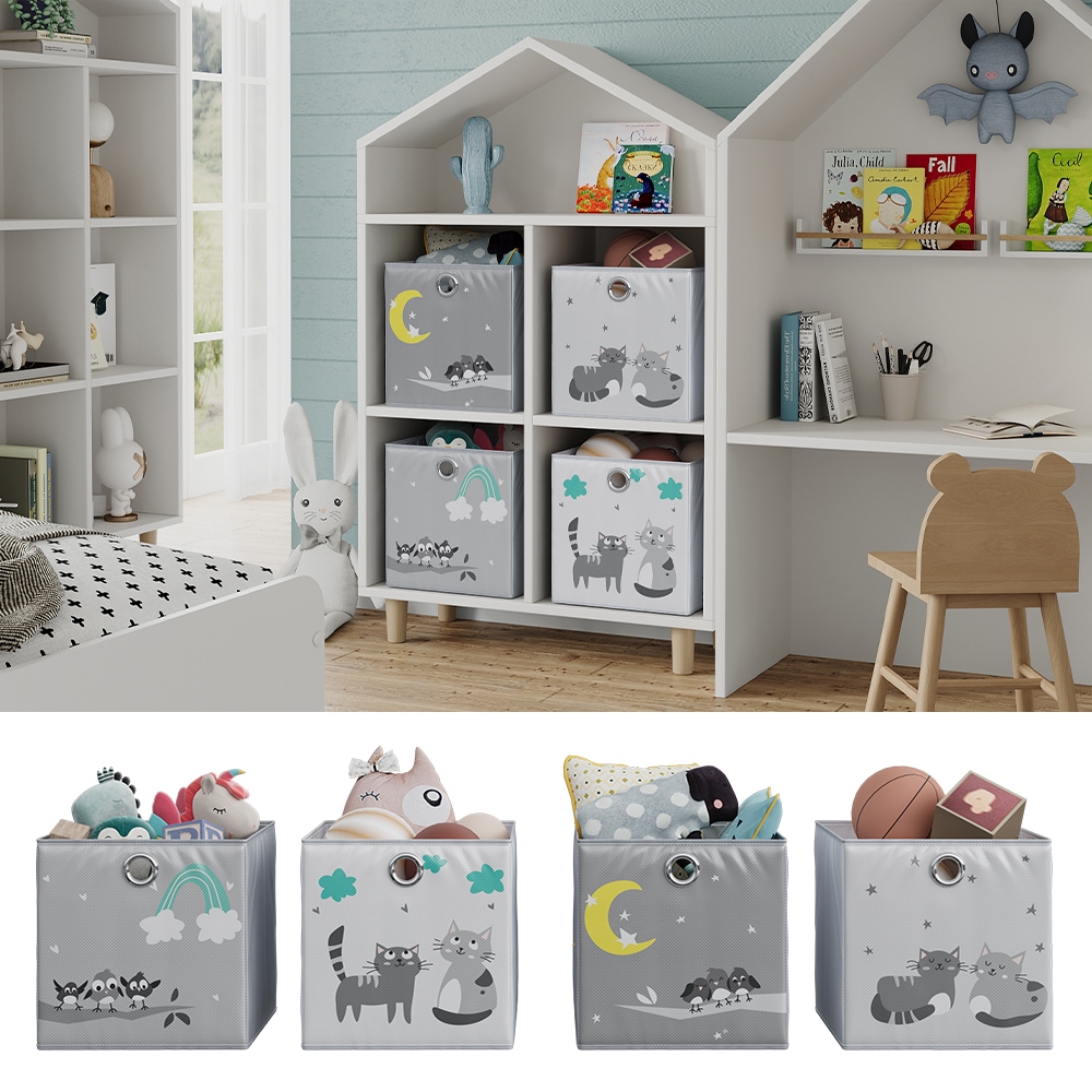 Vicco Faltboxen - 2er Set "Katzen & V&ouml;gel", 30 x 30 cm, Grau, Aufbewahrungsbox, abwaschbar 