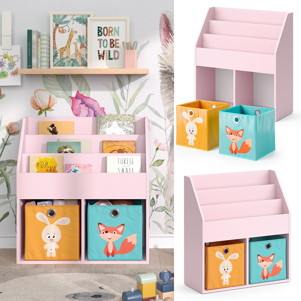 Vicco Kinderb&uuml;cherregal Luigi 72 x 79 cm, Rosa, Kinderzimmerregal, mit Faltboxen 