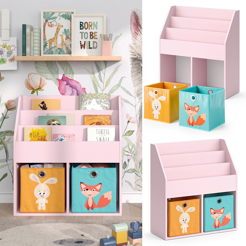Vicco Kinderbücherregal Luigi 72 x 79 cm, Rosa, Kinderzimmerregal, mit Faltboxen