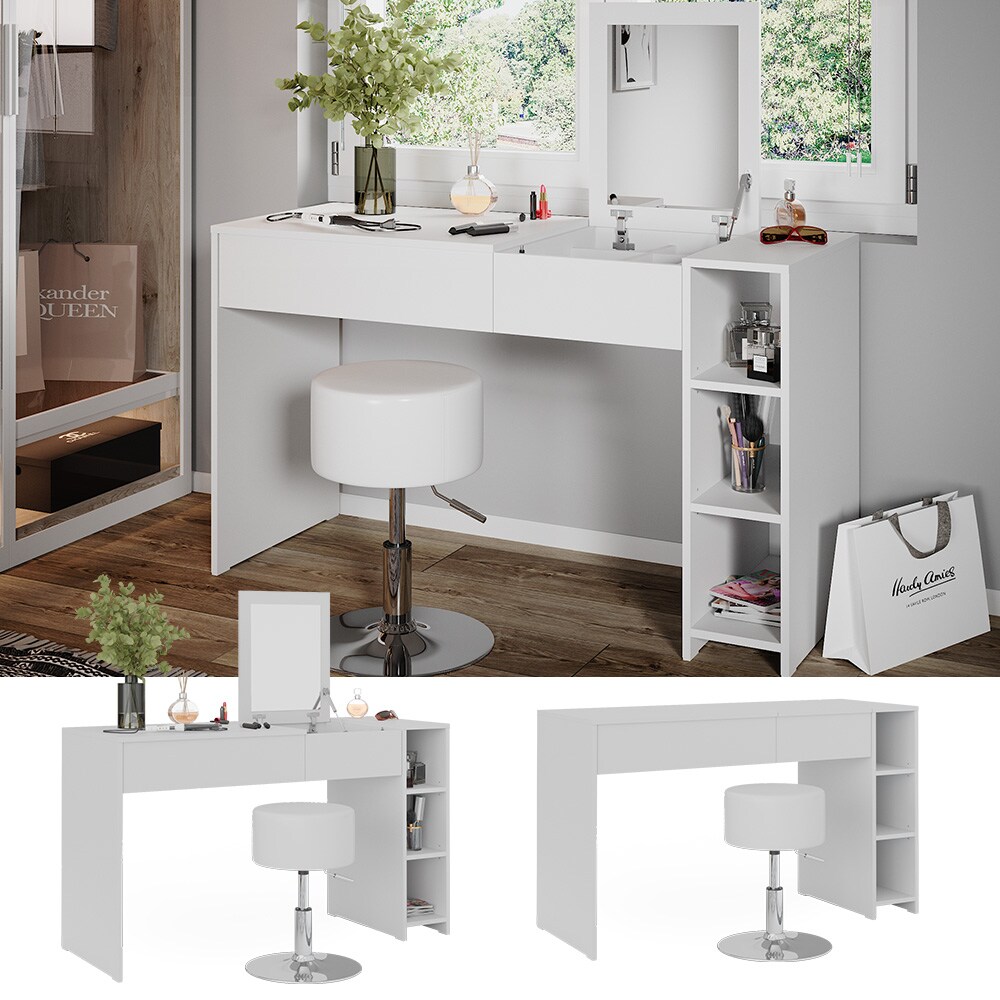 Vicco Schminktisch Kira, 129 x 76 cm, Wei&szlig;, Frisiertisch inkl. Spiegel und Hocker, modern 