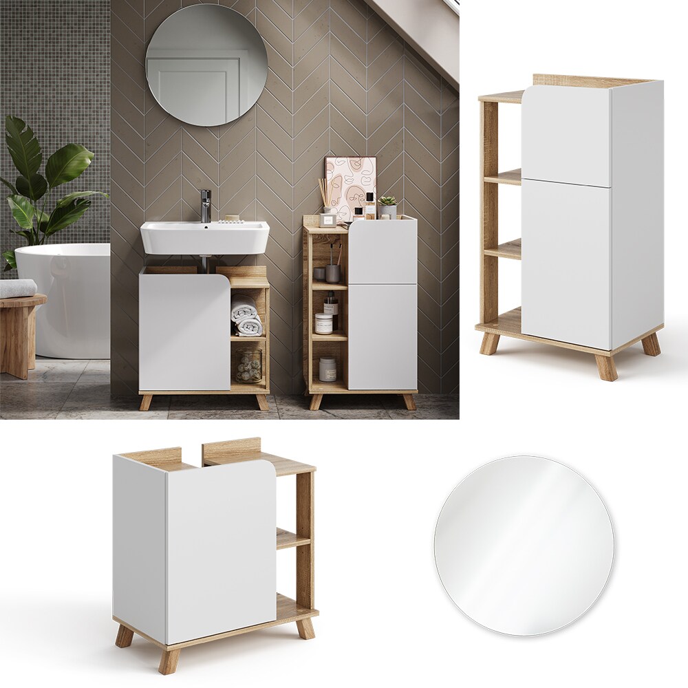 Vicco Badm&ouml;bel-Set Karen, Sonoma Wei&szlig;, moderne Badezimmerserie, 2 Farben, Waschtischunterschrank, Badspiegel, Unterschrank 