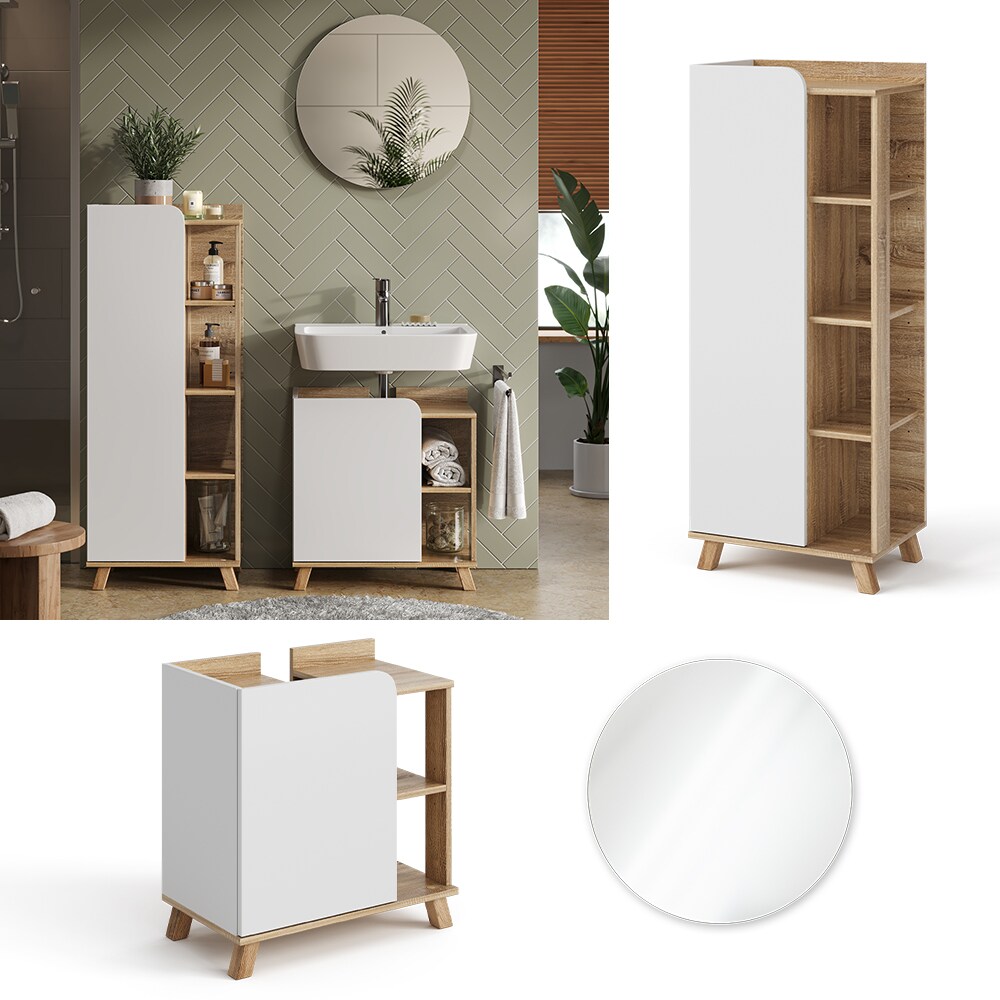 Vicco Badm&ouml;bel-Set Karen, Sonoma Wei&szlig;, moderne Badezimmerserie, 2 Farben, Waschtischunterschrank, Badspiegel, Midischrank 