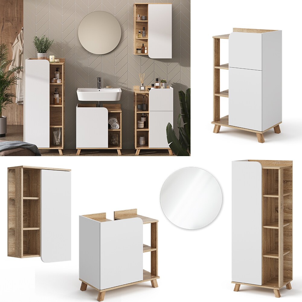Vicco Badm&ouml;bel-Set Karen, Sonoma Wei&szlig;, moderne Badezimmerserie, 2 Farben, Waschtischunterschrank, Badspiegel; Midischrank, Unterschrank, H&auml;ngeschrank 