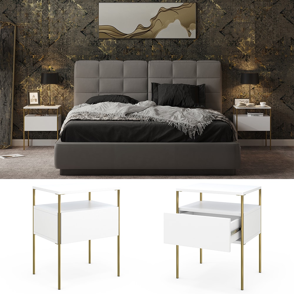 Vicco Nachtschrank Mira Wei&szlig; Gold 40 x 50 cm 2er Set Ablage Nachtkommode modern 