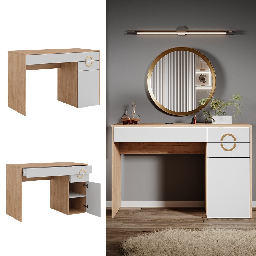 Vicco Schminktisch Adela Natural Rockford Hickory Wei&szlig;, 115 x 76 Frisiertisch 