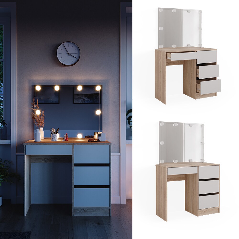 Vicco Schminktisch Sherry Sonoma Wei&szlig;, 90 x 75 cm, Spiegel, LED, Frisiertisch 